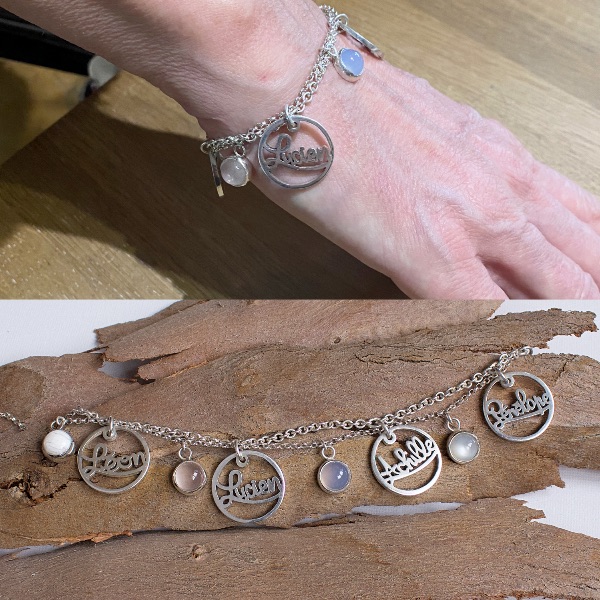 bijou sur mesure, bracelet prénoms argent et pierres naturelles
